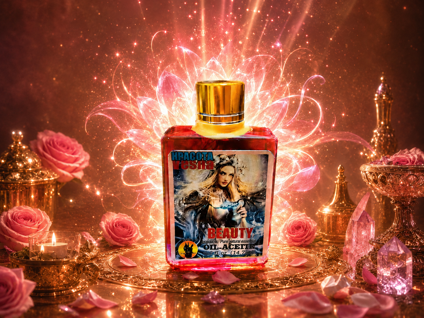 A mystical altar setting with crystal infusions and botanical magical oils representing the law of attraction and confidence manifesting.