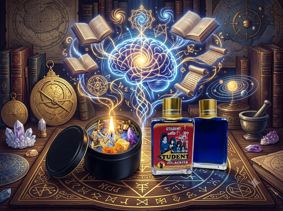 Student focus magical oil and academic success spell candle on a study desk for exam preparation