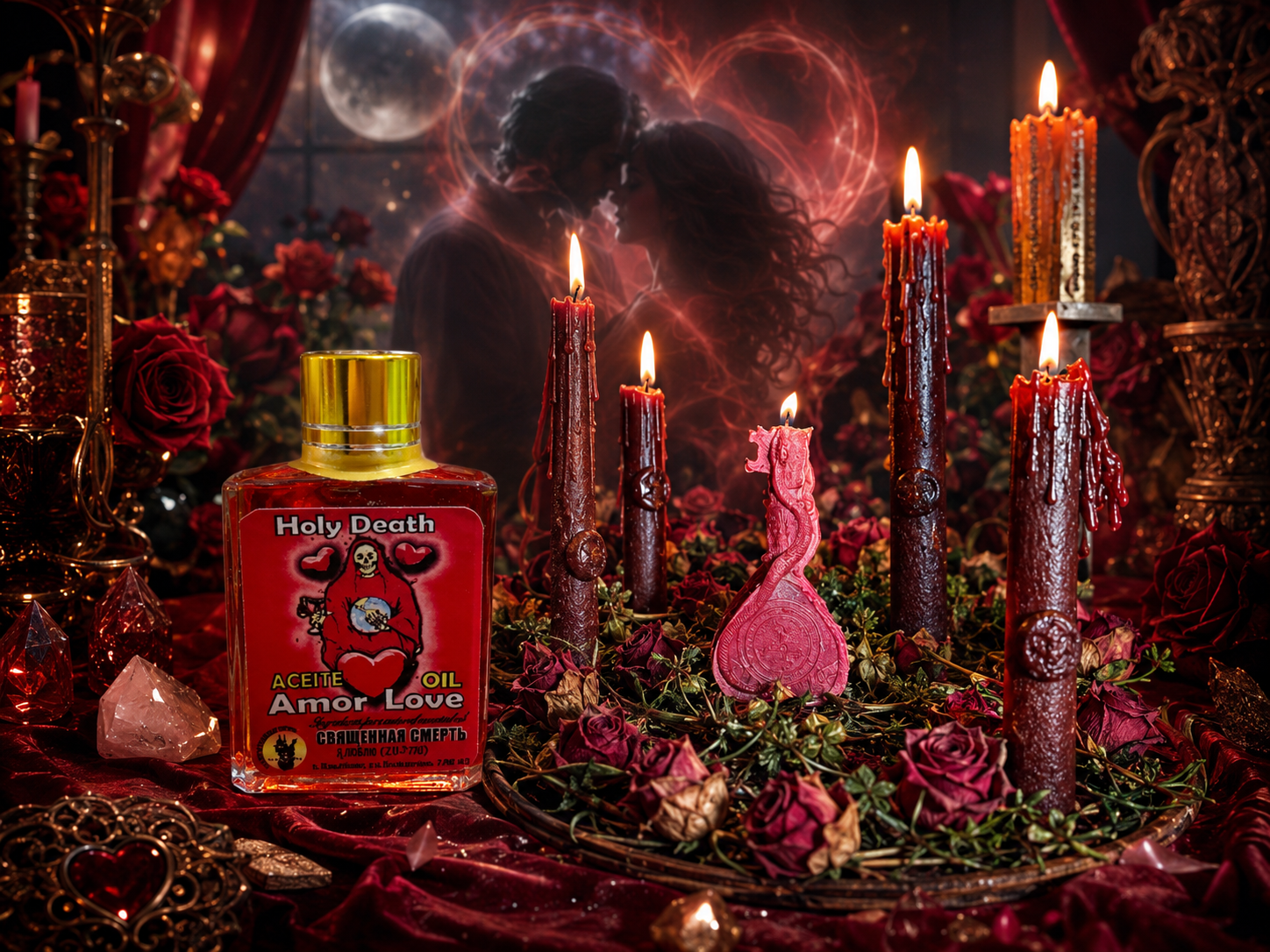 Holy Death Amor Love magical oil beside couples ritual candles for emotional connection and spiritual resonance