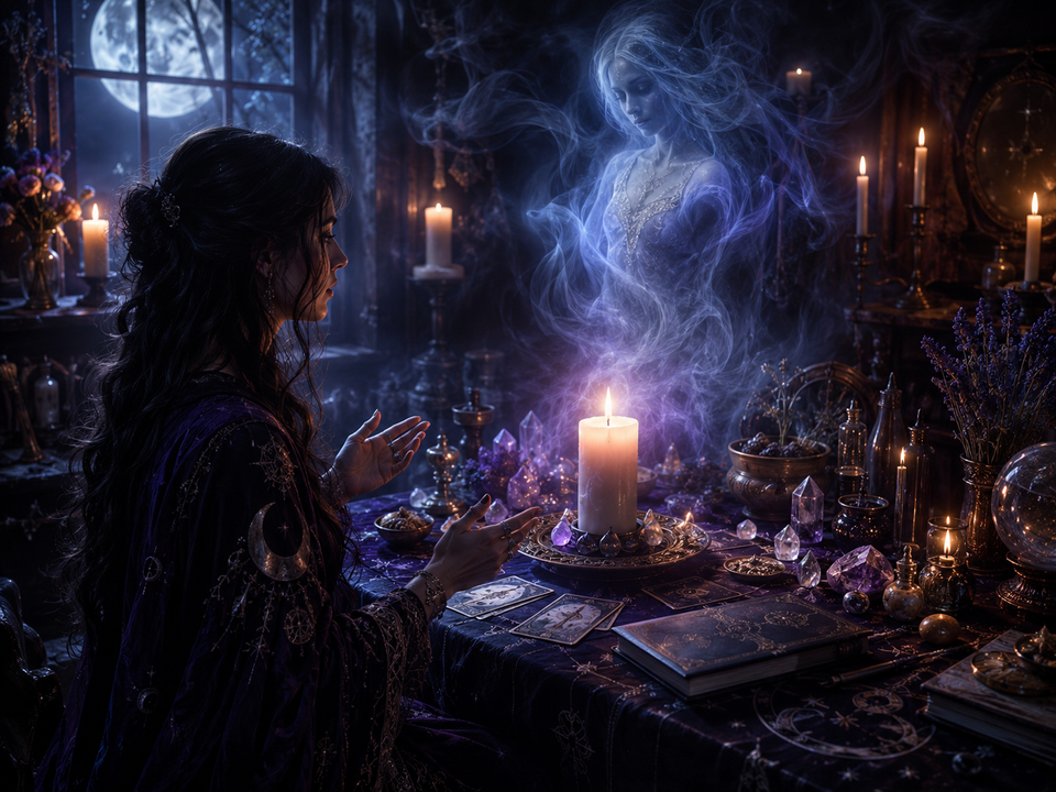 A witch practicing spirit communication beside a spiritual candle, crystals and a mystical altar