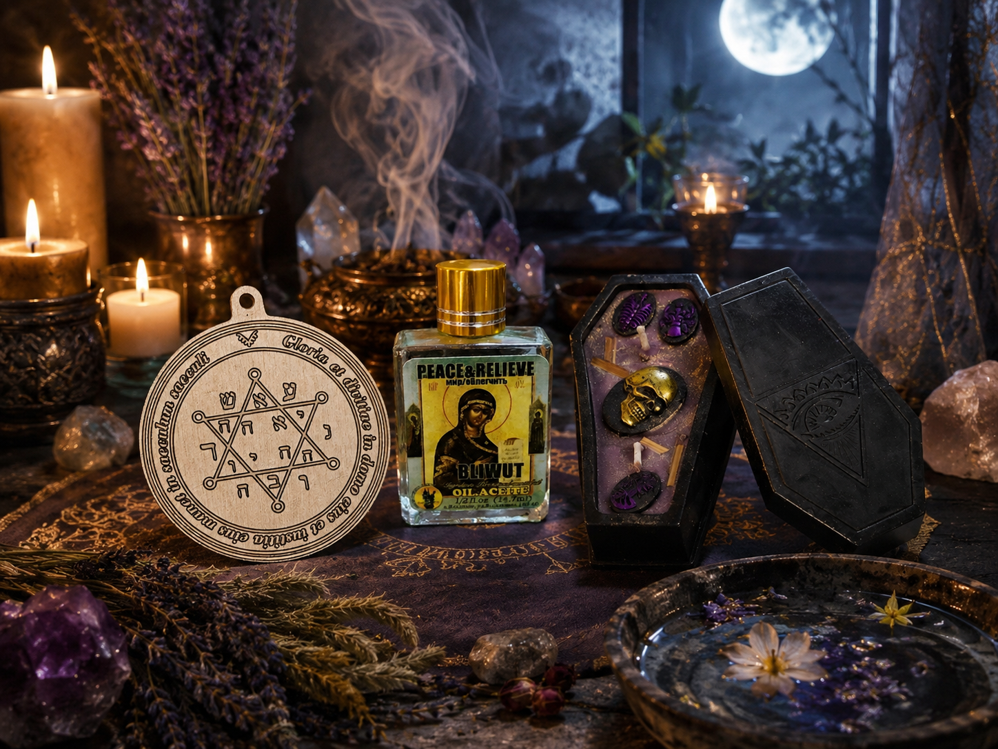 Inner peace ritual with a calming candle, Jupiter talisman and magical oil for emotional balance
