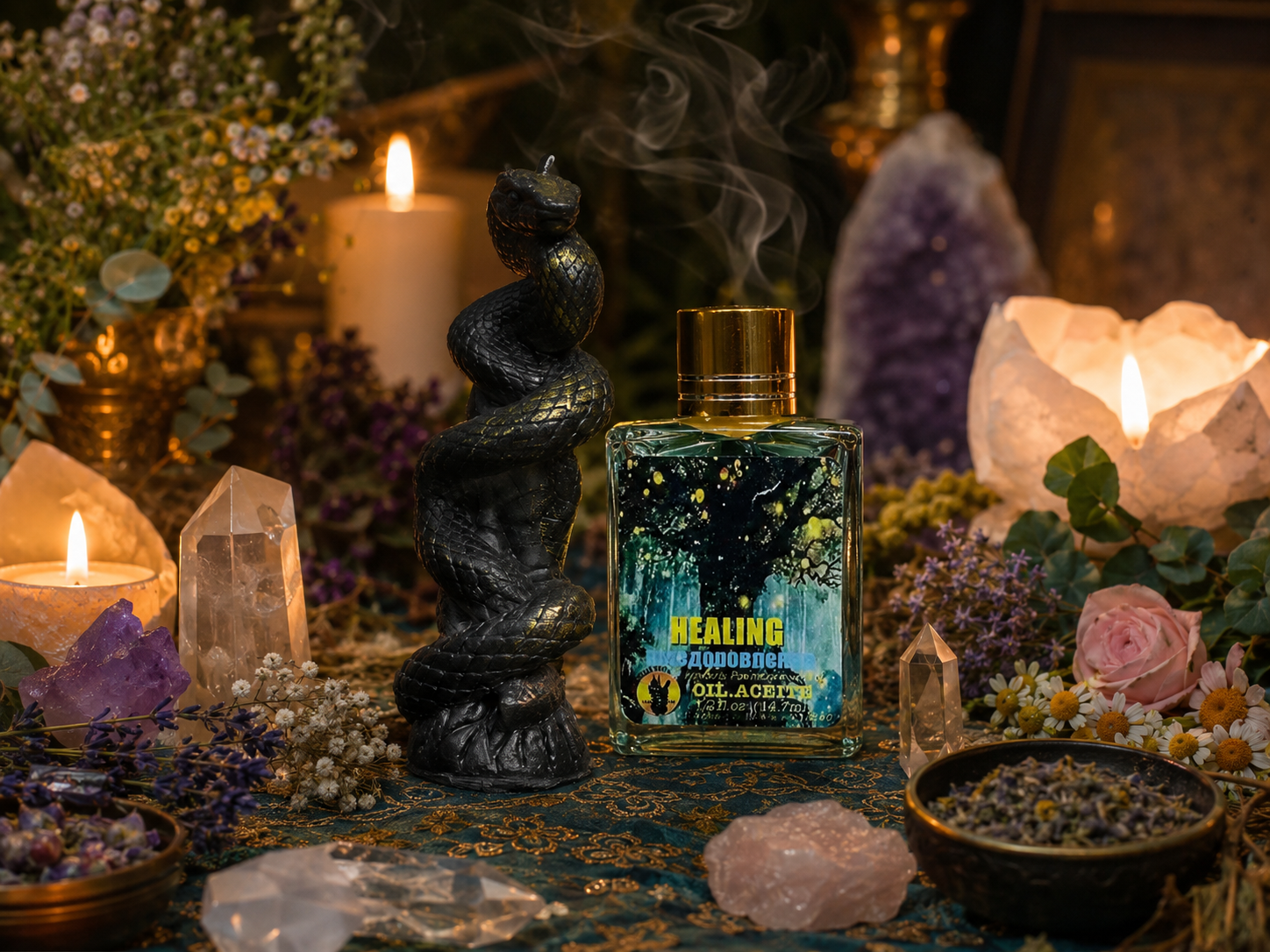 Spirit Snake ritual candle and Healing magical oil arranged for an energy restoration and spiritual renewal ritual