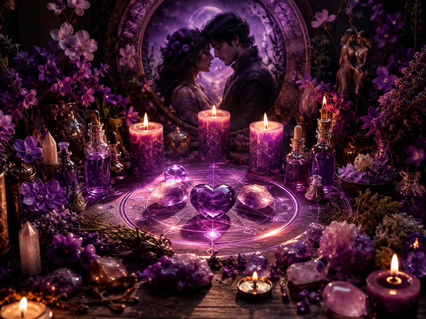 Violet Magic Ritual and Spiritual Healing Candle & Essential Oil Setup