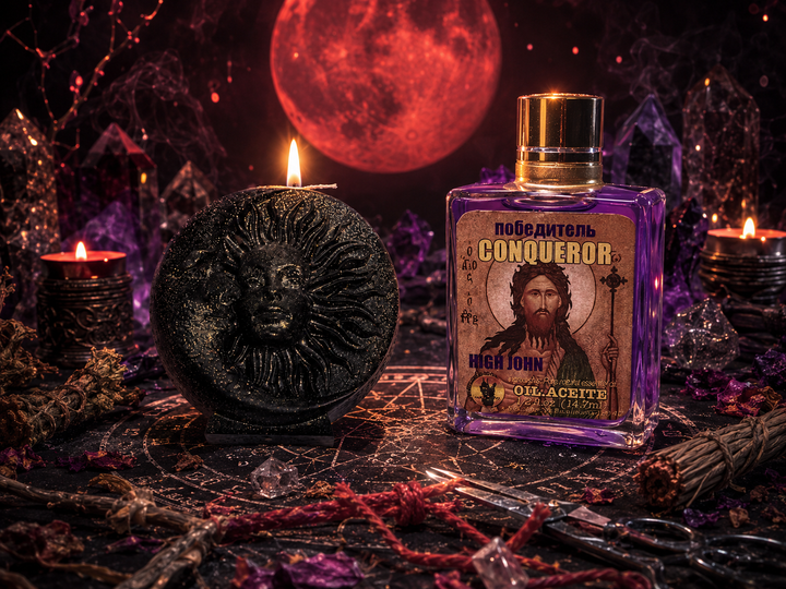 A professional desk setup featuring a mystical ritual candle and a bottle of magic oil designed for purging workplace negativity and enhancing career charisma.