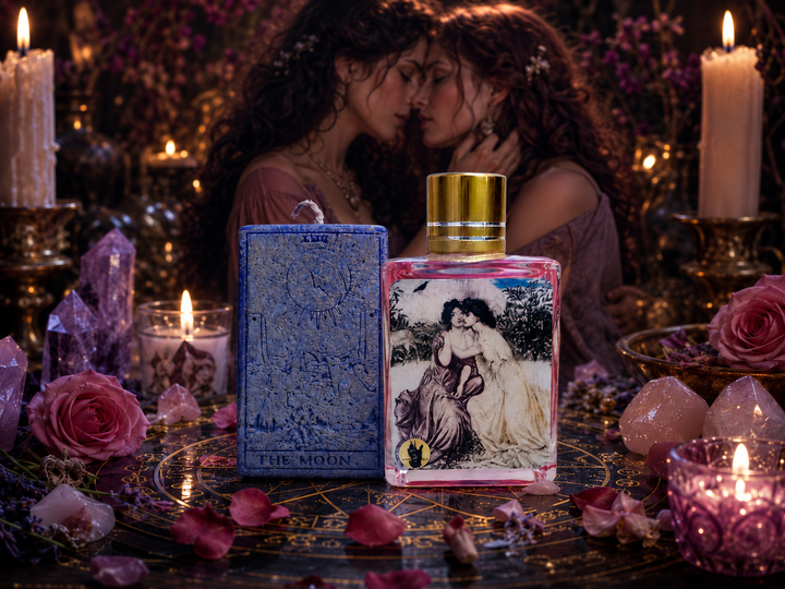 A cozy and healing ritual setting with a burning candle and crystal-infused magic oils dedicated to attracting true love and clearing external negative energy.