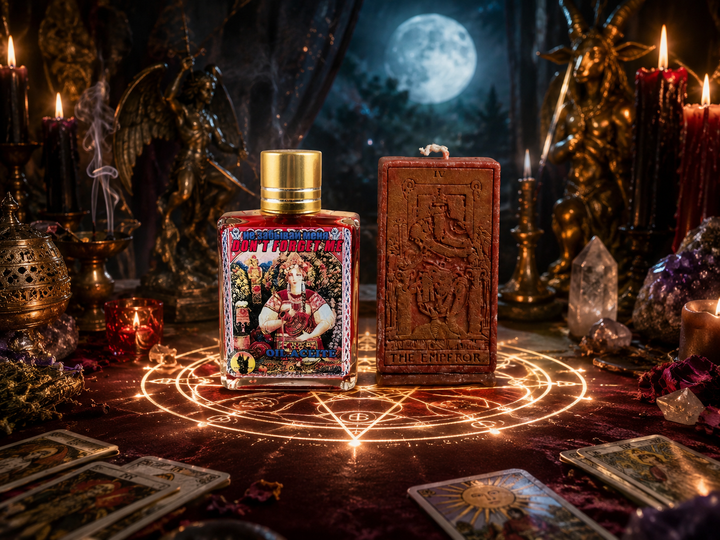 A mystical ritual scene with a glowing candle, magical oil, roses, moonlight, crystals, and a feminine muse-like aura symbolizing unforgettable attraction and personal magnetism.