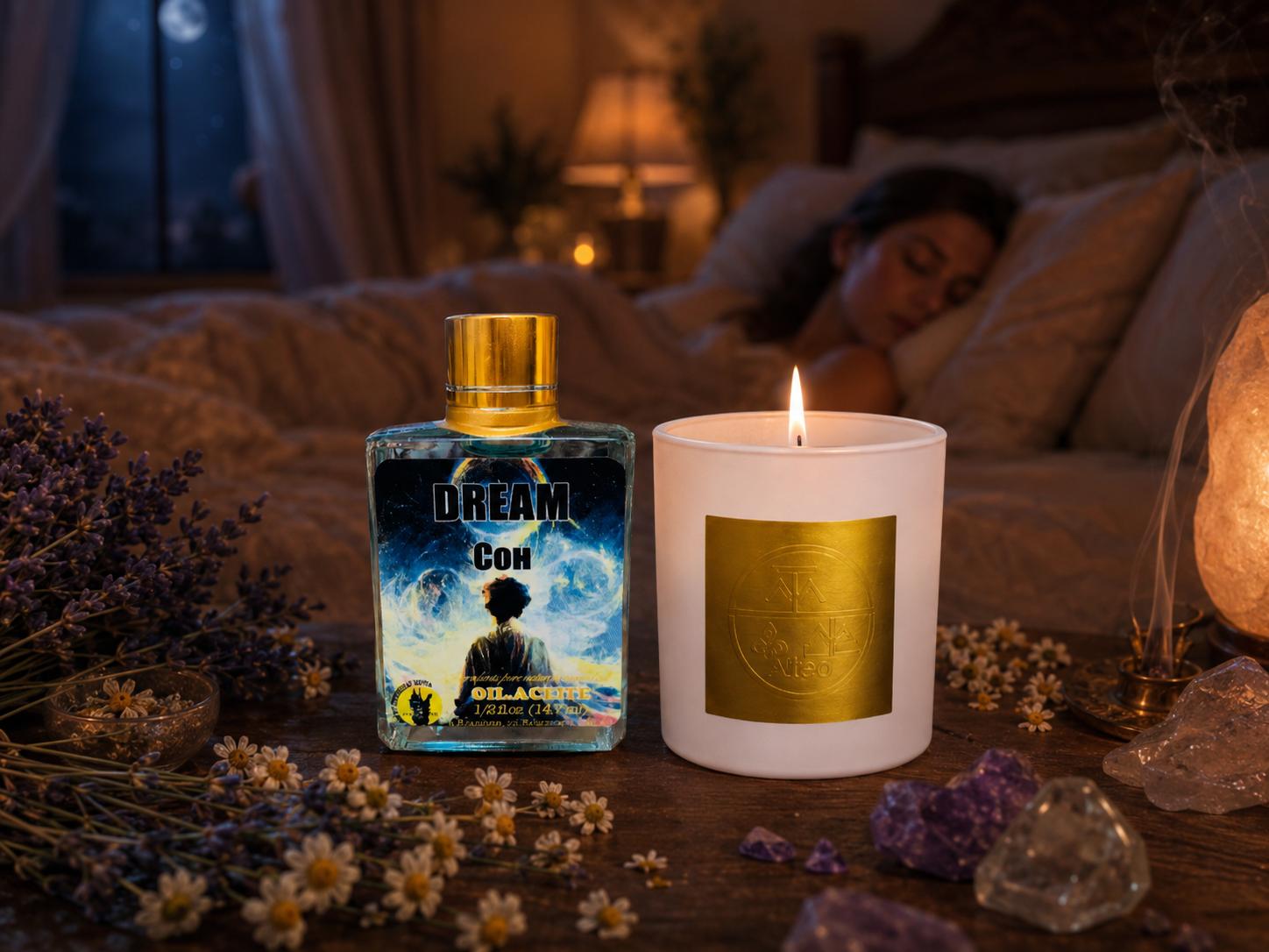 A calming nighttime ritual scene with a glowing ritual candle, magic oil bottle, lavender, crystals, soft moonlight, and a peaceful bedroom atmosphere for stress relief and deep sleep