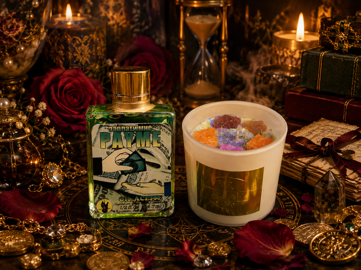 Pay Me magical oil and an abundance ritual candle beside coins and gifts for attracting generosity and balanced support