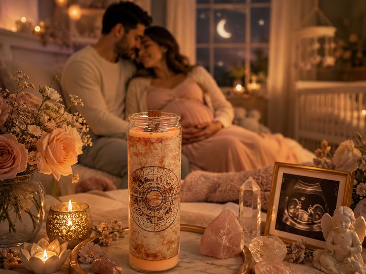 Fertility conception pregnancy ritual candle on a peaceful altar with moon symbols, flowers, crystals, and a small cradle charm