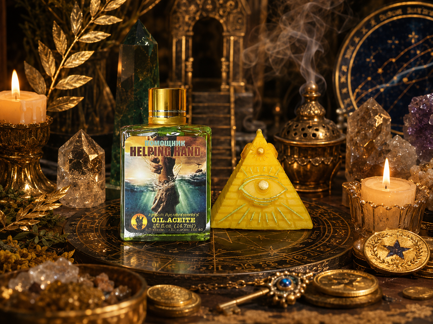 Career Tower ritual candle and Benefactor Magnet magical oil arranged for a career success and mentor attraction ritual