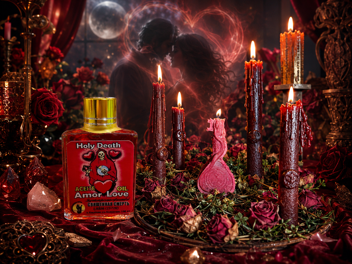Holy Death Amor Love magical oil beside couples ritual candles for emotional connection and spiritual resonance