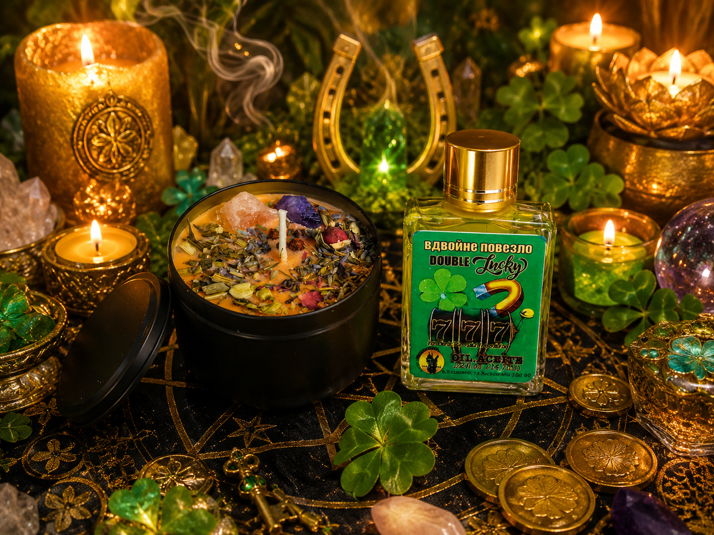 Lucky ritual candle and Double Lucky magical oil arranged in a double-luck manifestation ritual