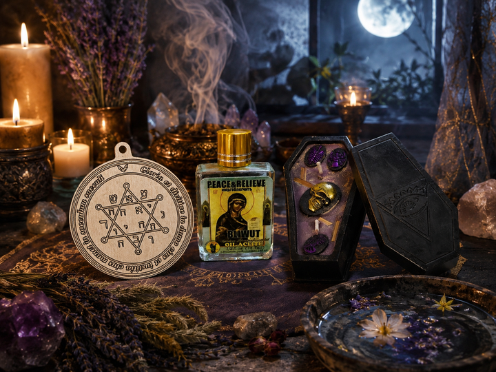 Inner peace ritual with a calming candle, Jupiter talisman and magical oil for emotional balance