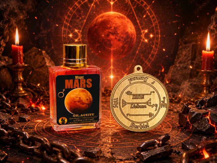 Mars magical oil and Seal of Solomon talisman on a red ritual altar for courage, confidence, strength, and decisive action