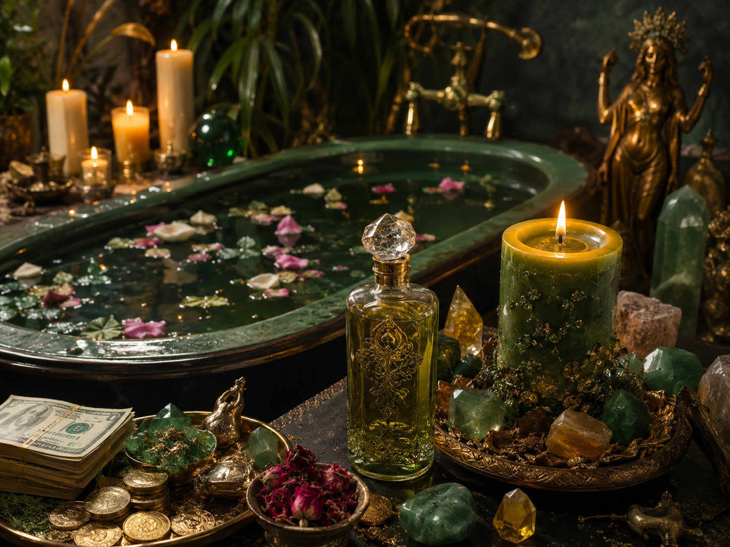 Rapid Prosperity magical oil and wealth attraction candle used in a bath with money prosperity ritual