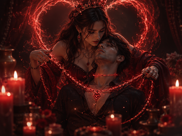Lock Heart love ritual candle and Stay with Me magical oil arranged for an obsession spell ritual