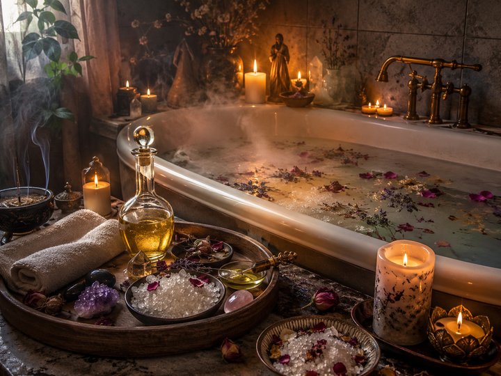 Spiritual cleanse bath ritual with a purification candle and deep purification magical oil