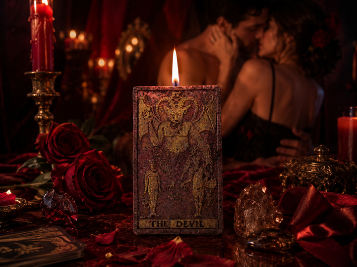 The Devil tarot candle ritual for desire, intense attraction, sensual confidence, shadow work, and conscious intimacy