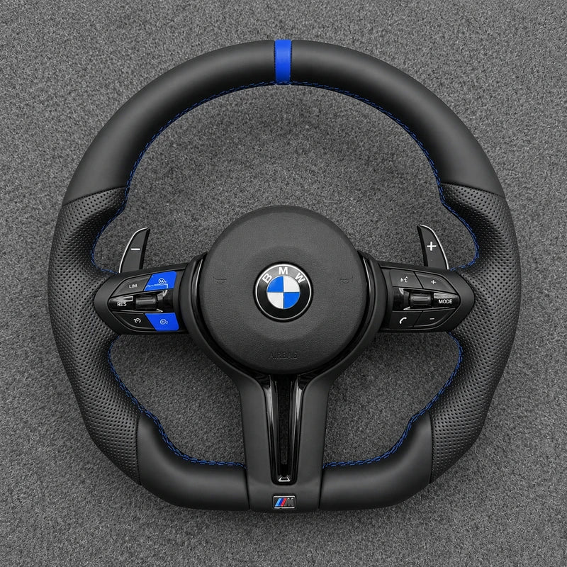 Custom leather steering wheel for BMW X5 F15 and X5M F85 with blue center stripe