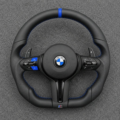 Custom leather steering wheel for BMW X5 F15 and X5M F85 with blue center stripe