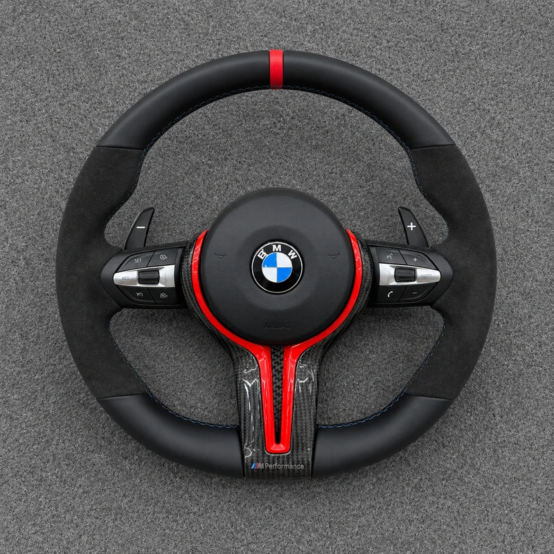 Custom leather steering wheel for BMW X5 F15 and X5M F85 with blue center stripe