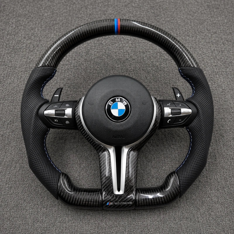BMW 2 Series custom black and white carbon fiber steering wheel detail