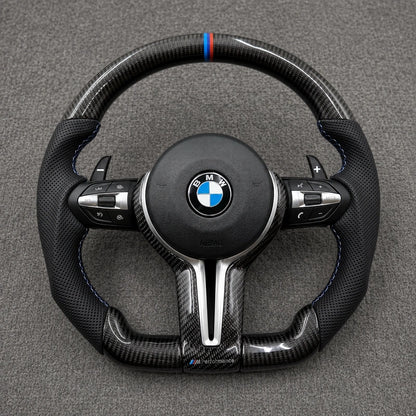 BMW 2 Series custom black and white carbon fiber steering wheel detail