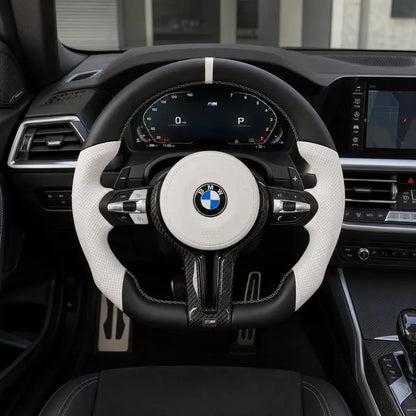 BMW 2 Series custom black and white carbon fiber steering wheel front view