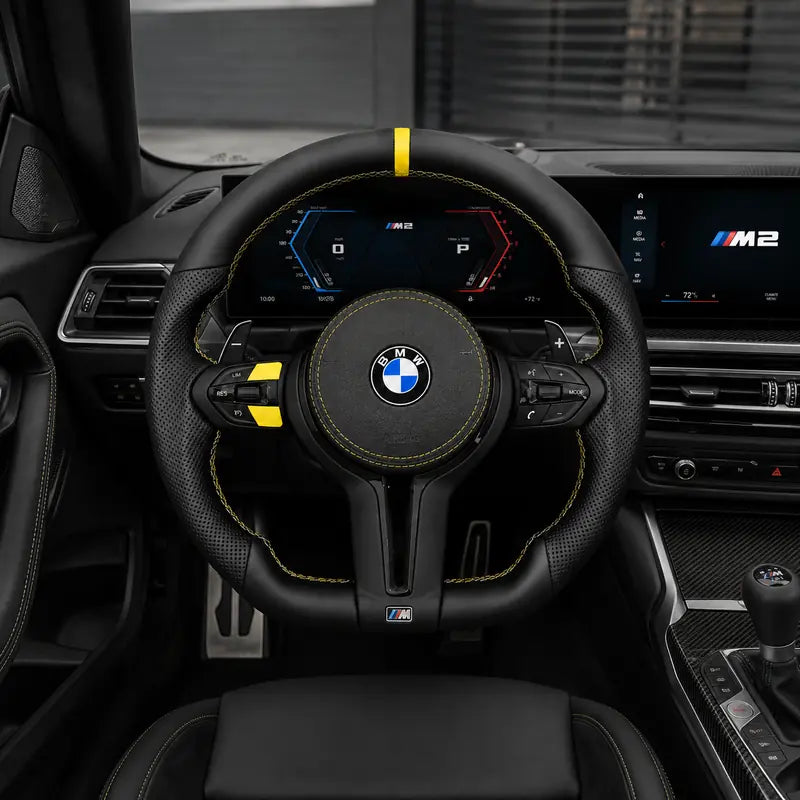 Custom Nappa Leather Steering Wheel for BMW M2 with Yellow Center Accent